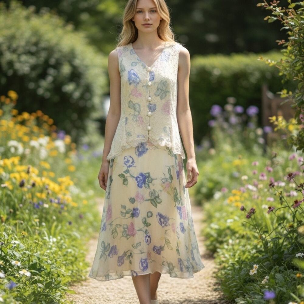 Holly Harp Pale Yellow Floral Two Piece Dress Sz S Vintage Pastel Silk Chiffon - Picture 2 of 11